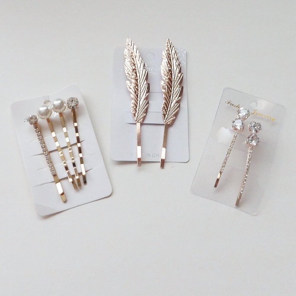 Bundle of 8 Bobby Pins Various Designs Faux Pearl Crystals Gold Tone NEW
